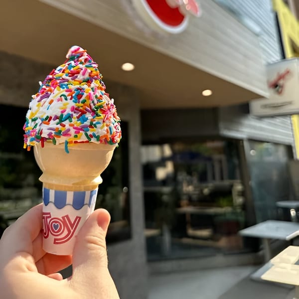 Hand holding a soft-serve ice cream cone with colorful sprinkles outside BTB Burrito.