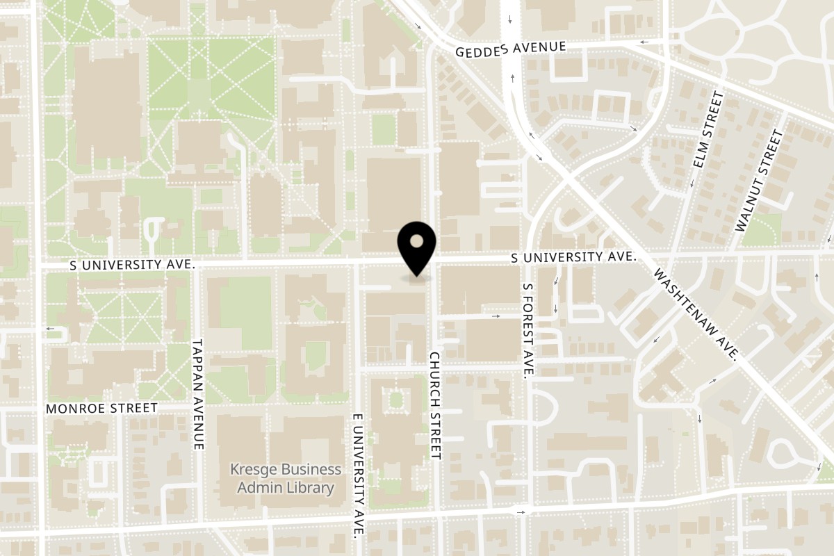 Map showing the location of BTB Burrito on 1140 S University Ave in Ann Arbor